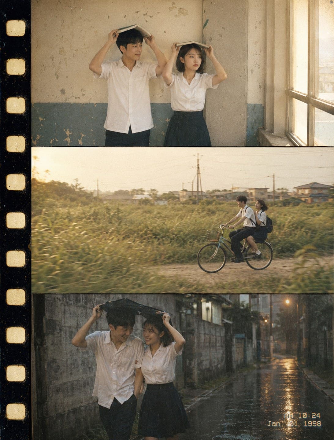 90년대 대만 청춘영화 커플 3컷 예시 - 복도·자전거·빗속